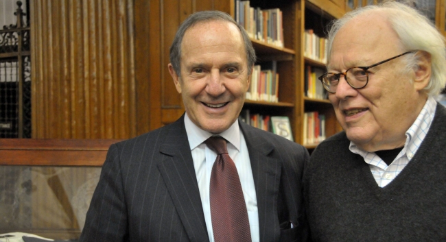 Morton Zuckerman (left), owner of the New York Daily News, congratulates Jason Epstein on getting the Poor Richard Award from the New York Center for Independent Publishing. The award is named for Benjamin Franklin’s Poor Richard’s Almanack. Epstein, a legend in the publishing world, created Anchor Books, launched the paperback revolution, cofounded the New York Review of Books, started the Library of America, and served as editorial director of Random House. His latest book is Eating: A Memoir.