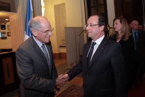 Francois Hollande, president of France, is welcomed to the Dan Tel Aviv by general manager Etai Eliaz