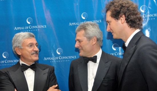 Massimo DAlema, former prime minister of Italy, with Alain Elkann and son John Elkann