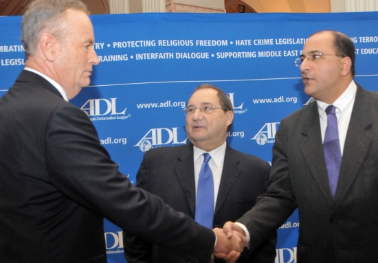Abraham Foxman (center) introduces Bill O’Reilly (left) to Ido Aharoni