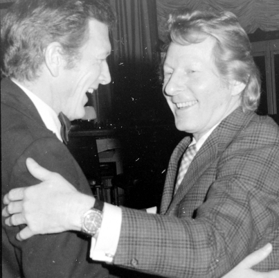 John Lindsay greets Danny Kaye who came from his show Two by Two to the opening night party for Follies at the Rainbow Room