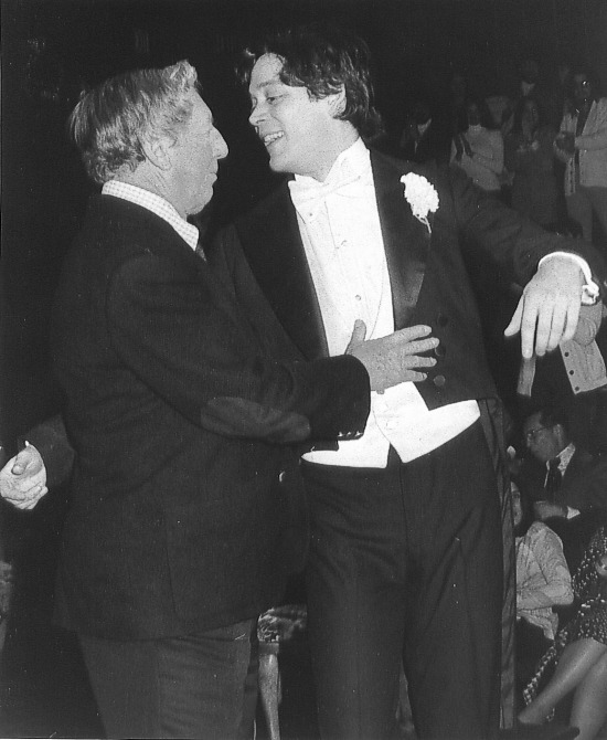 Ray Bolger, who created the title role of Charley’s Aunt in 1948, popped onstage at the Circle in the Square Theater to hail Raul Julia in another production of the musical on February 9, 1975. The revival was renamed Where’s Charley? Bolger’s wife produced the original Frank Loesser-George Abbott musical in which Bolger sang, danced and romped 1,000 times on Broadway. Bolger joined Julia and cast onstage and led the audience in singing the show’s hit song, Once in Love with Amy.