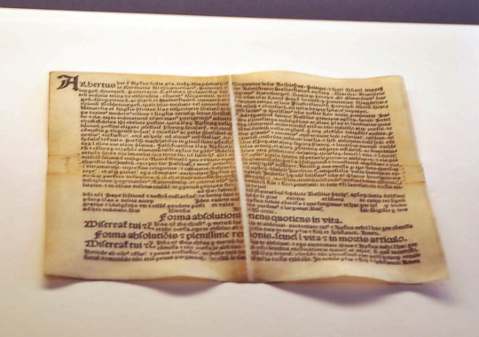 Letter of indulgence at Luther House museum, that saves you from purgatory