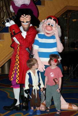 Ezra Davis and Sadie Suskind with Disney characters Captain Hook and Mr. Smee